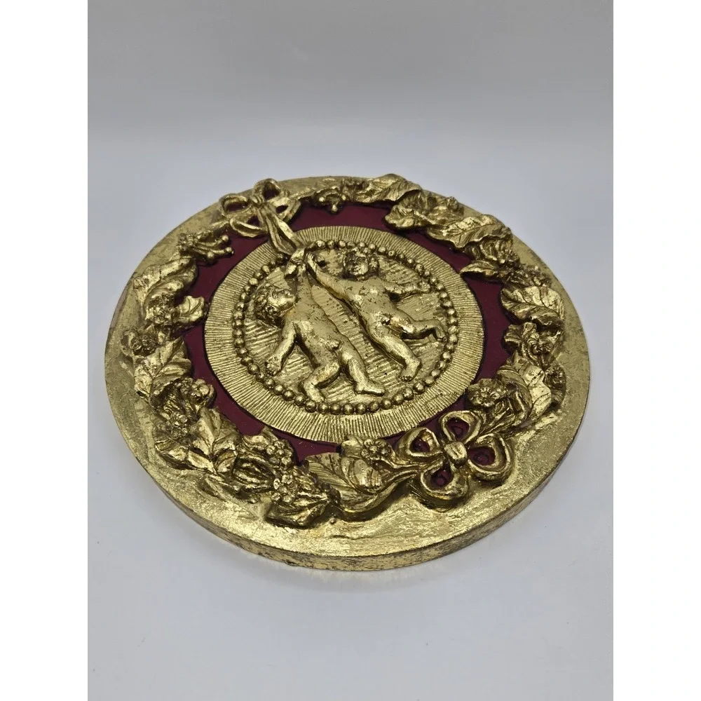 Vintage Cherub Wall Art Gold Gilt Plastic Florentine Style Relief Plaque Decor